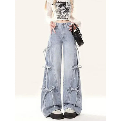Women Vintage Streetwear Bow Bandage Wide Leg Denim Pants