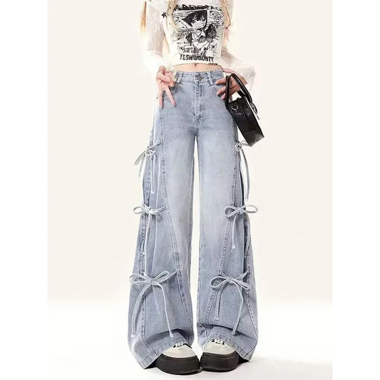 Women Vintage Streetwear Bow Bandage Wide Leg Denim Pants