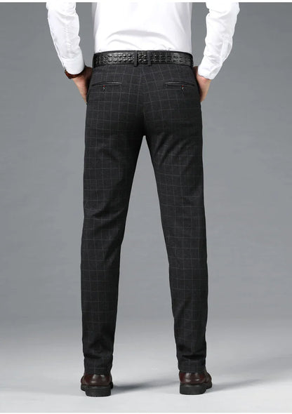 Spring Summer Business Men's Casual Pants Fashion Grid Design Versatile Comfortable Slim Straight Legs Elastic Male Trousers
