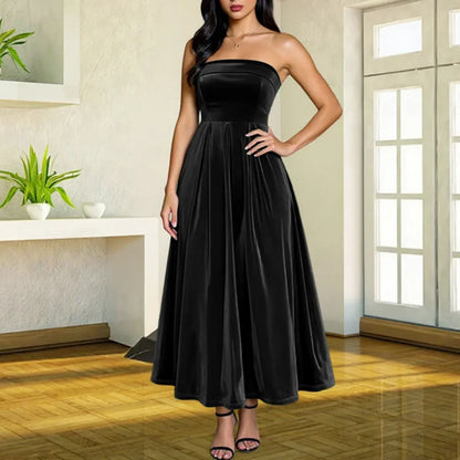 Women's Elegant Party Dresses Strapless Backless Velvet Long Dress Fashion Retro Dress Female Evening Dresses Vestidos Largos