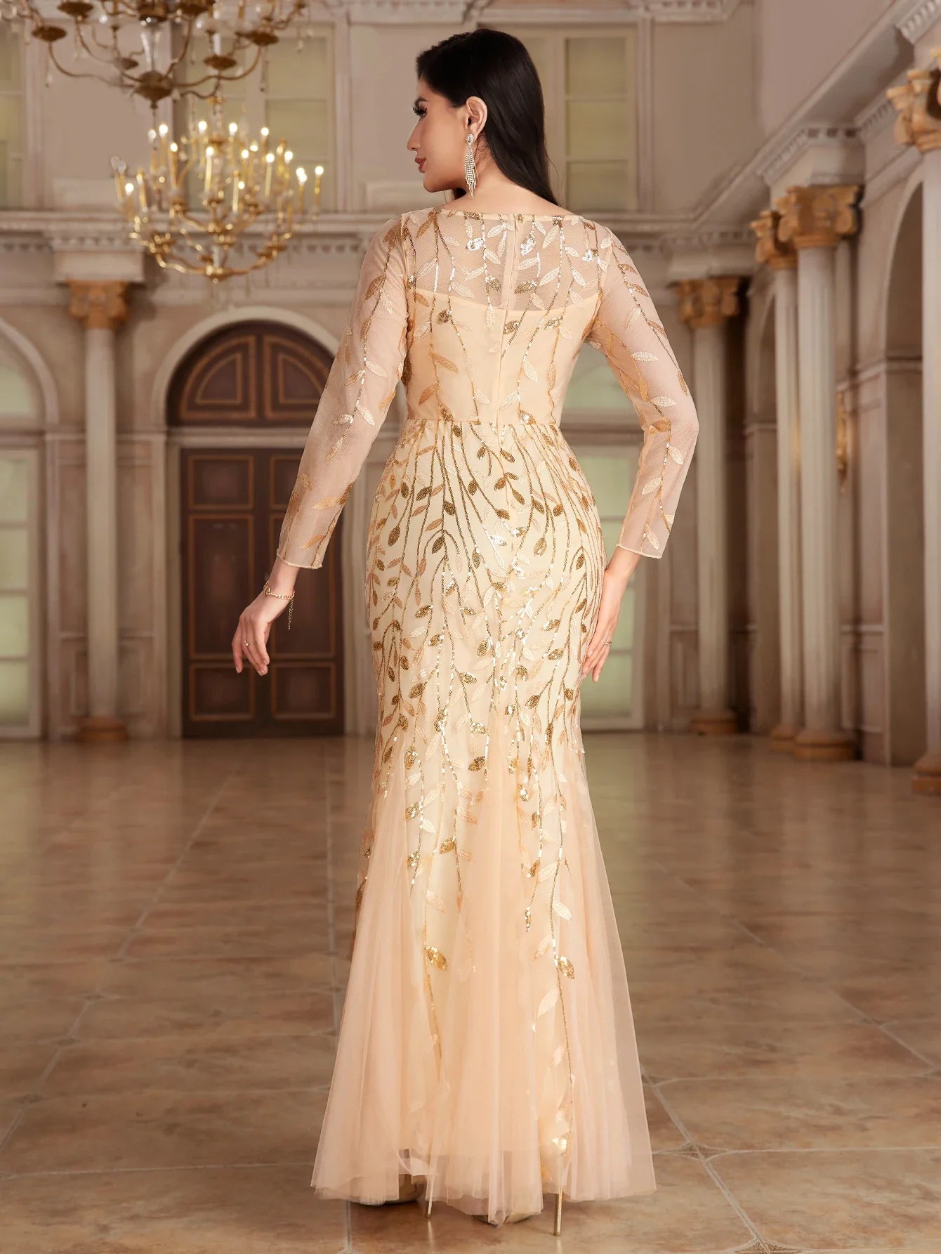 2024 Plus Size Evening Dresses Mermaid O Neck Full Sleeve Lace Appliques  vestidos elegantes  party dress  long