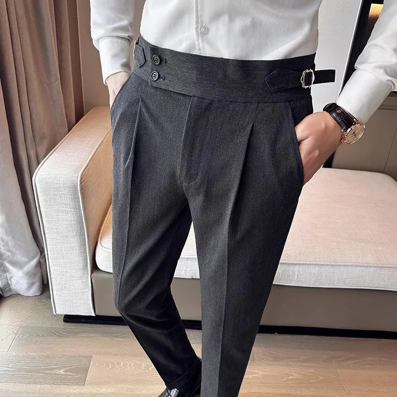 New Spring Autumn High Waist Smart Casual Dress Pants Men Belt Design Slim Suit Pants Formal Wedding Social Party Mens Trousers