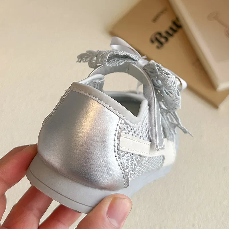 Kids'Casual Shoes Sneakers Mesh Bow Spring Summer Shoes For Girls Anti-slip Breathable Soft Bottom White Silver Shoes Size 23-36