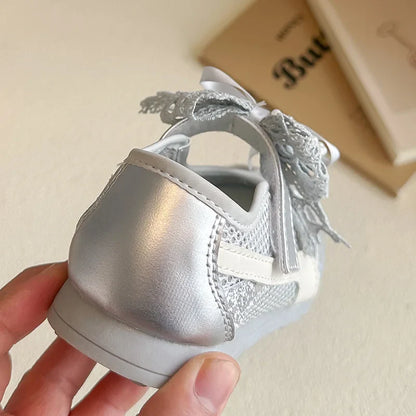 Kids'Casual Shoes Sneakers Mesh Bow Spring Summer Shoes For Girls Anti-slip Breathable Soft Bottom White Silver Shoes Size 23-36