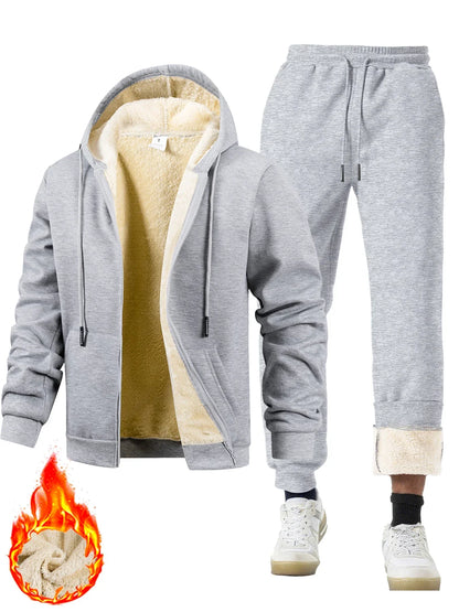 Men's Suit Two-Piece Tracksuit Plush Thickened Warm Sports Jacket+Trousers Sports Suit Winter Outdoor Casual Hoodie Sportswear
