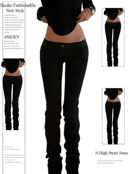 Women's Denim Pants Low Rise Jeans American Retro Black Bootcut Jeans Y2k 2000s Harajuku Skinny Jeans Stretch Japanese Gyaru New