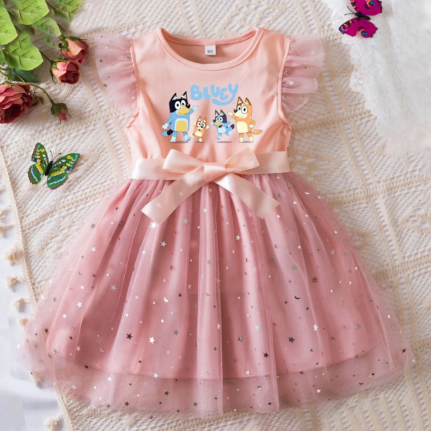Girls Sequin Tutu Dress with Bow Flutter Sleeves Summer Princess Party Outfit for Toddler Kids 2-6 Years