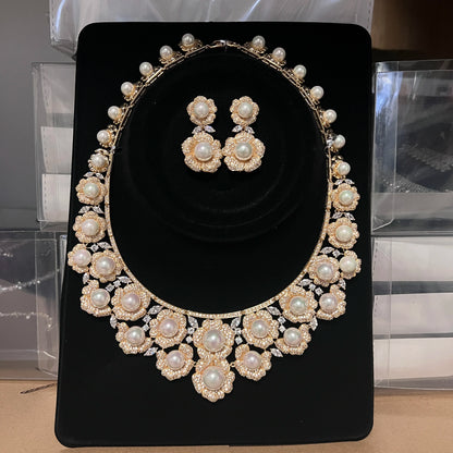 High Quality Zircon Pearls Jewelry sets Luxury Designer Flower Necklace Women Sparkling Dubai Bridal Party Costume Accessories
