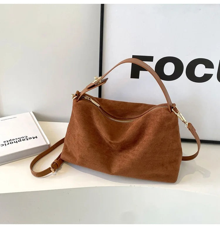 Korean suede bucket bag, women's casual commuting shoulder tote bag, autumn/winter 2025 new underarm set bag