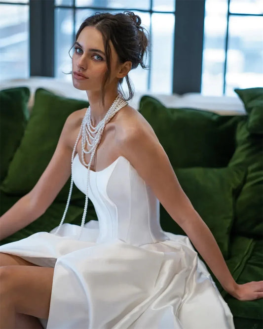 Satin Strapless A-Line Wedding Dress Backless Corset Evening Dress  فستان ماركه свадебное платье