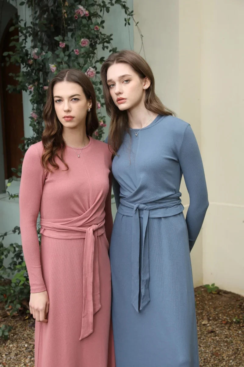 summer ribbing closed-fit wrap tops + Aline dress high Stretch matching sets