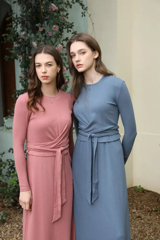 summer ribbing closed-fit wrap tops + Aline dress high Stretch matching sets