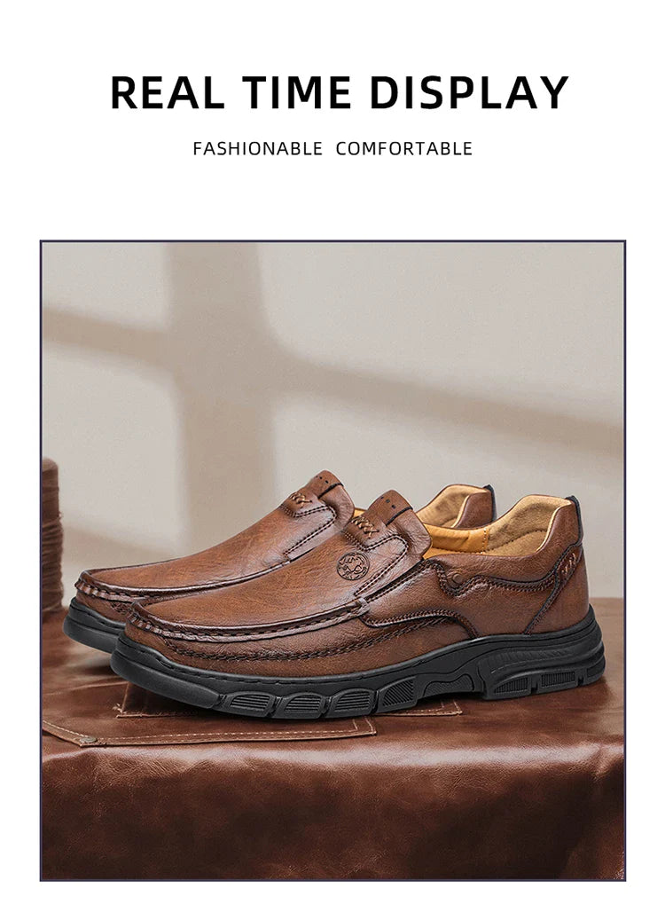 Men's Handmade Thick Rubber Bottom Breathable Casual Leather Shoes Classic Sewn Loafers Comfortable Leisure Footwear