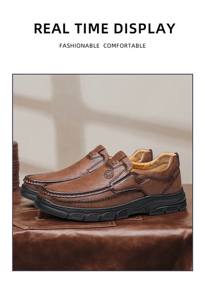 Men's Handmade Thick Rubber Bottom Breathable Casual Leather Shoes Classic Sewn Loafers Comfortable Leisure Footwear