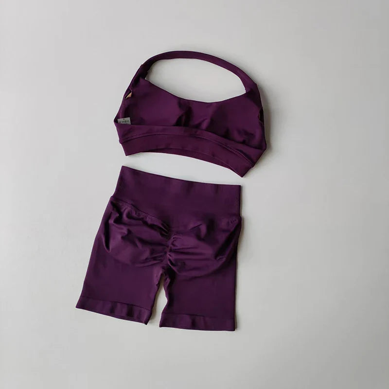 Sexy Halter Neck Beautiful Back High Waist Peach Sports Bras Shorts Suit Pilates Gathering Yoga Vest Training Fitness Bra Sets