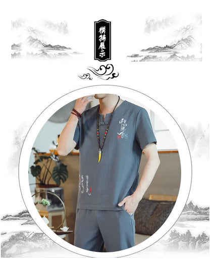 (Shirt + trousers) 2025 summer Chinese Style men shirt Cotton and linen shirts men's High quality casual shirts Two Piece M-5XL