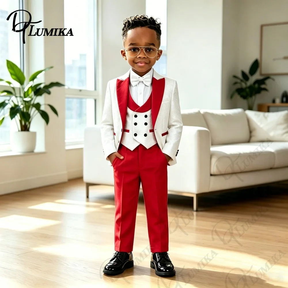Boys’ 4-Piece Slim Fit Jacquard Suit Set in Red for Weddings