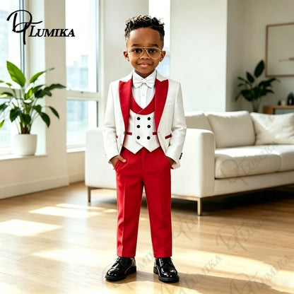 Boys’ 4-Piece Slim Fit Jacquard Suit Set in Red for Weddings