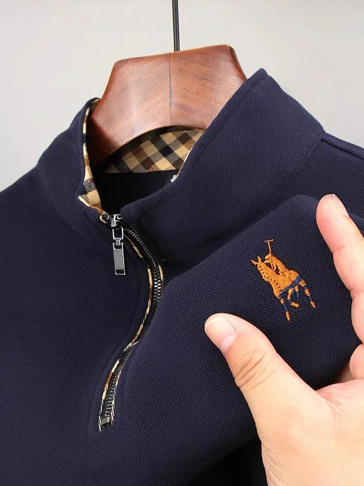 Luxury new Half Zipper Long Sleeve T-shirt 100% Cotton Brand Embroidered Stand Collar Men's Clothing Autumn Casual polo shirt