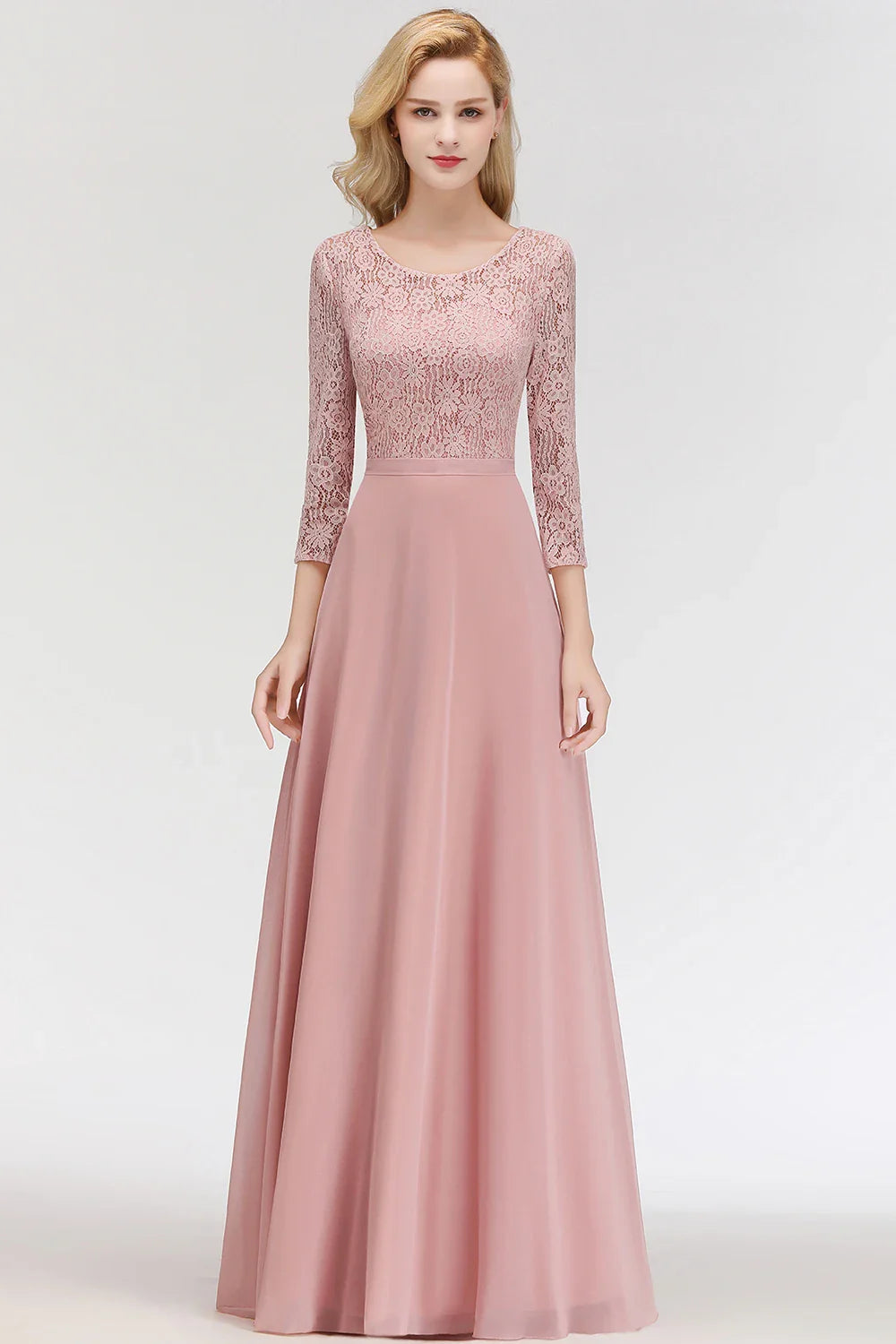 Vestido de Madrinha em Estoque Manga Longa Renda Floral Apliques Chiffon Saia Evasê Vestido de Festa de Casamento Bohêmio para Convidada