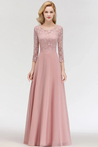 Vestido de Madrinha em Estoque Manga Longa Renda Floral Apliques Chiffon Saia Evasê Vestido de Festa de Casamento Bohêmio para Convidada