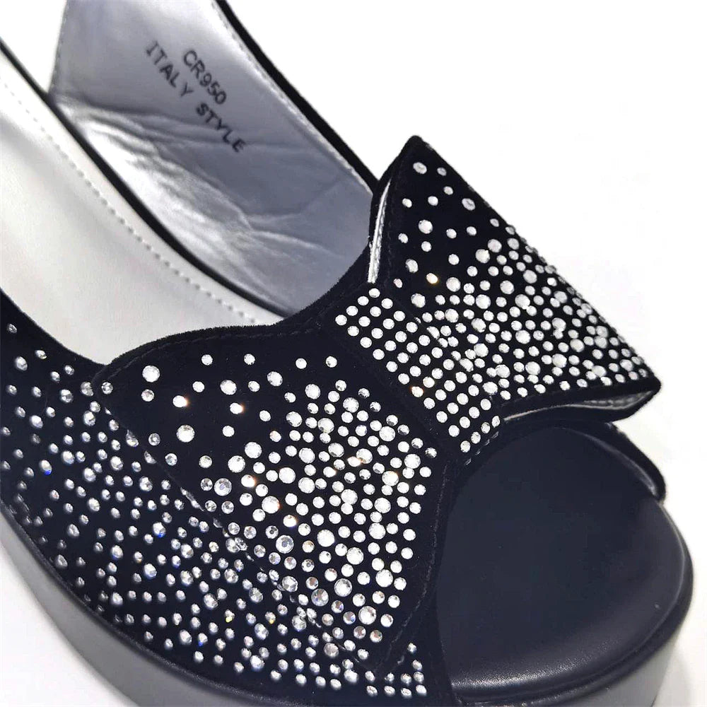 Silver Fashion Square Heels with Platform African Women Shoes and Bag Set Full Crystal Pumps for Wedding Party