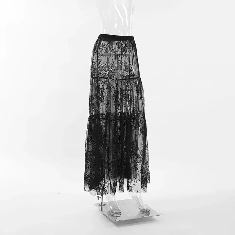 Loose Black Sexy Black Lace Skirt Women Fashion Thin Transparent Casual Hollow Out High Waist Loose A-line Long Skirt Party
