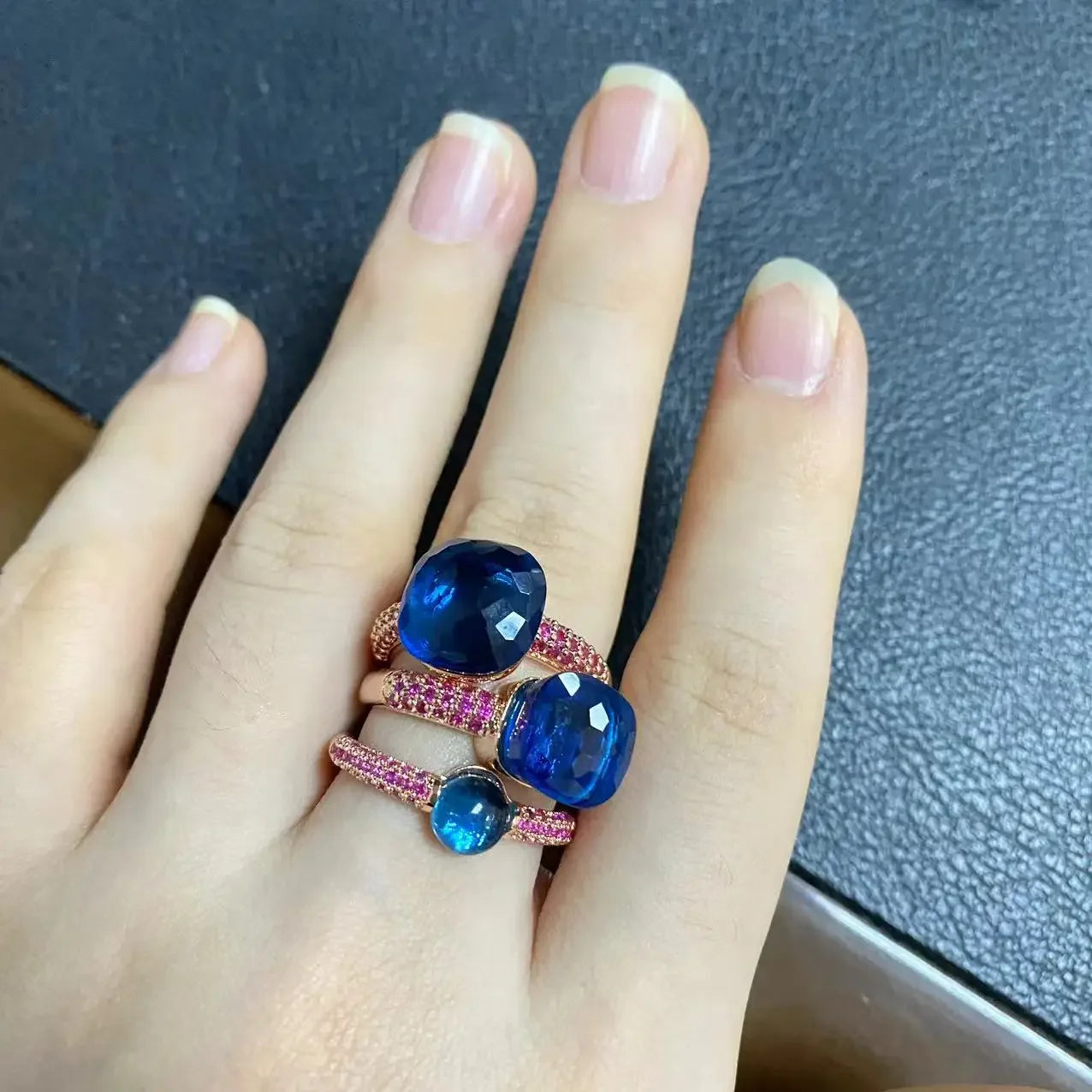 Conjunto de 3 anéis empilháveis ​​Nudo para mulheres, conjunto com cores mistas, cristais tipo bala incrustados, zircônia, ametista, topázio azul, joia redonda, presente