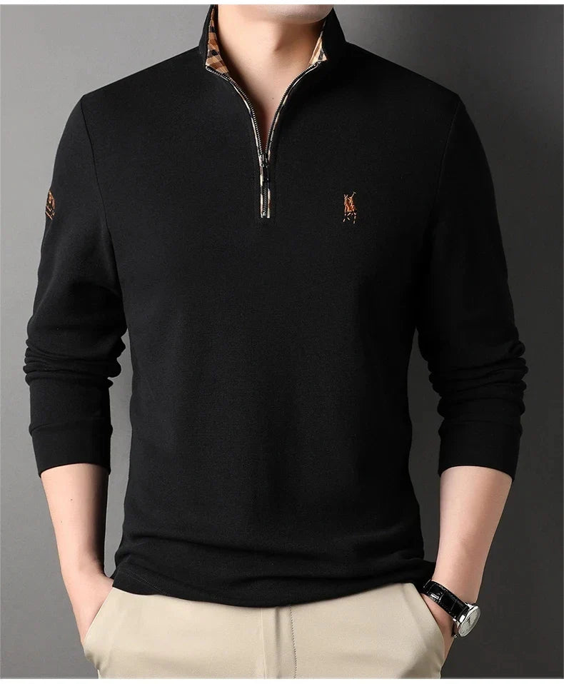 High end 100% cotton brand long sleeve T-shirt men's standing collar autumn fashionable embroidery Paul casual sports polo shirt