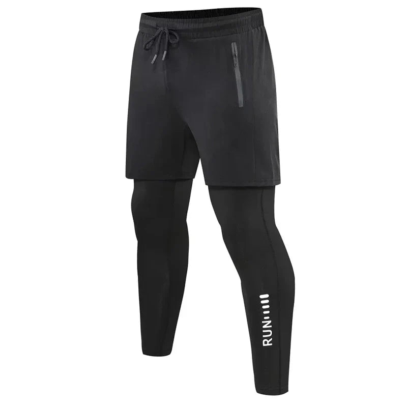 Men 2 In 1 Running Pants Double Layer Pant Tight Training Basketball Legging Fitness Sweatpant With Pockets Running Trousers