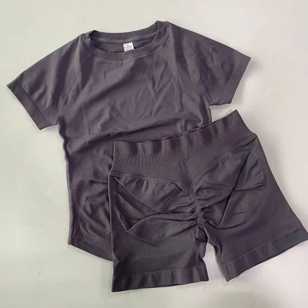 2 Piece Yoga Set Women Outfit Longline Short Sleeve Gym Crop Top High Waist Workout Shorts Sports Suit Fitness Clothes Gym Set
