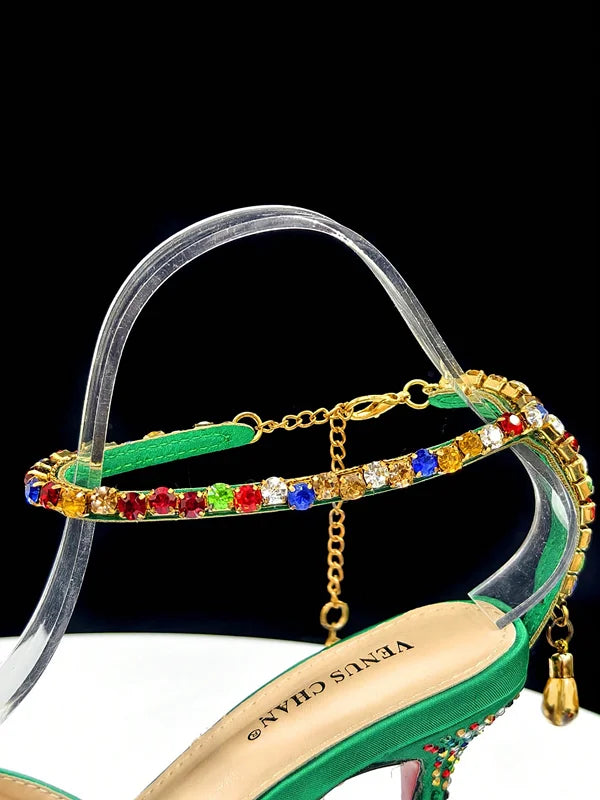 Shiny Italian Fashion Women’s Pointed Toe Heels with Rhinestone Detailing & Matching Green Color Bag Set