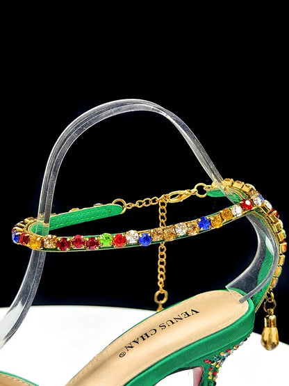 Shiny Italian Fashion Women’s Pointed Toe Heels with Rhinestone Detailing & Matching Green Color Bag Set