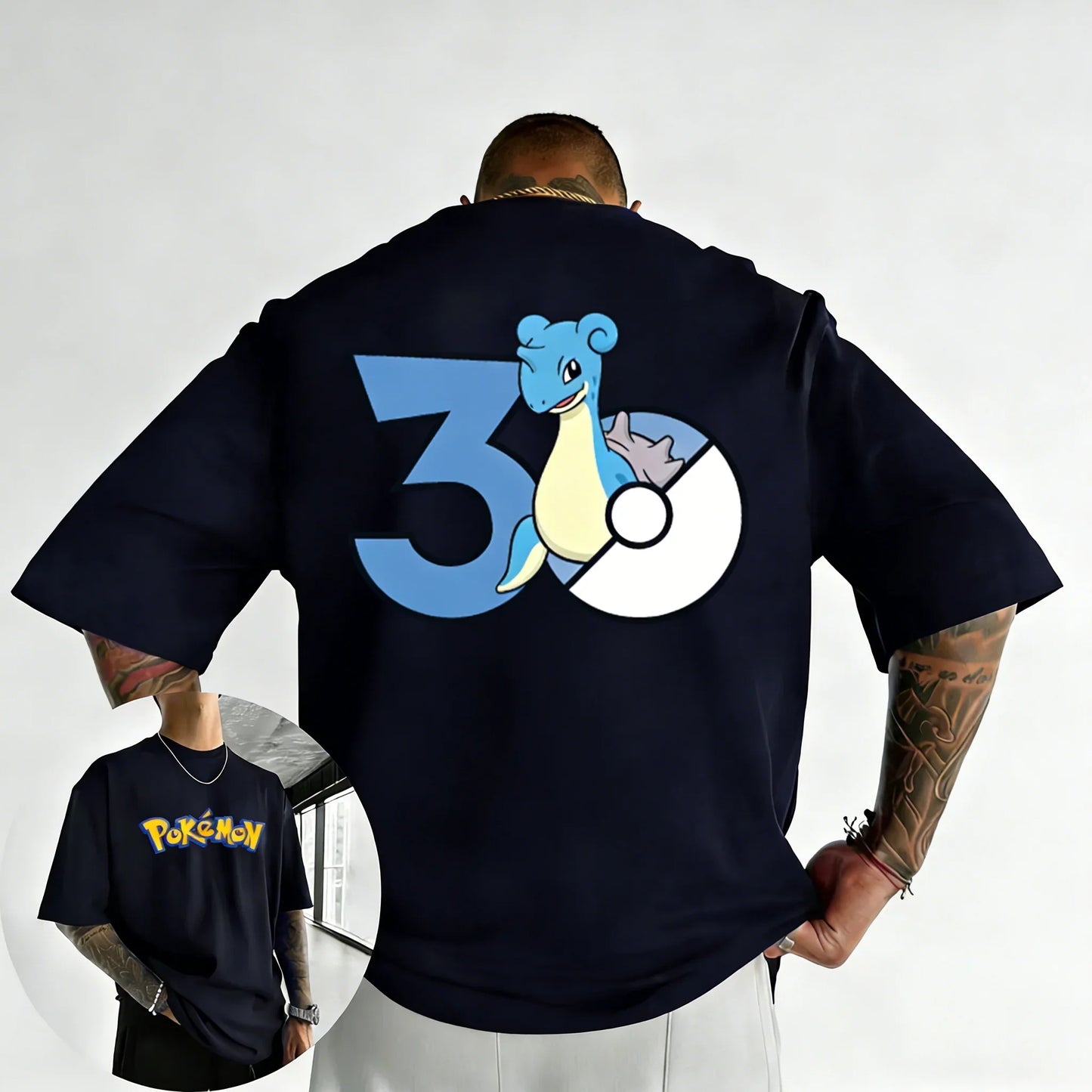 30th Anniversary Lapras Printed T-shirt Summer New Men's and Women's Trendy Large Loose Casual Y2K Short Sleeve Top
