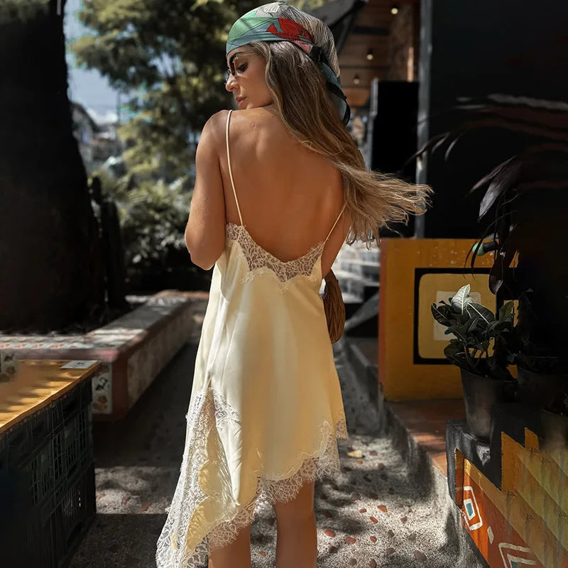 Lace Mini Spaghetti Strap Dress For Women Backless Slit Sexy Dress Evening Party Bodycon Female Elegant Dress High Waist
