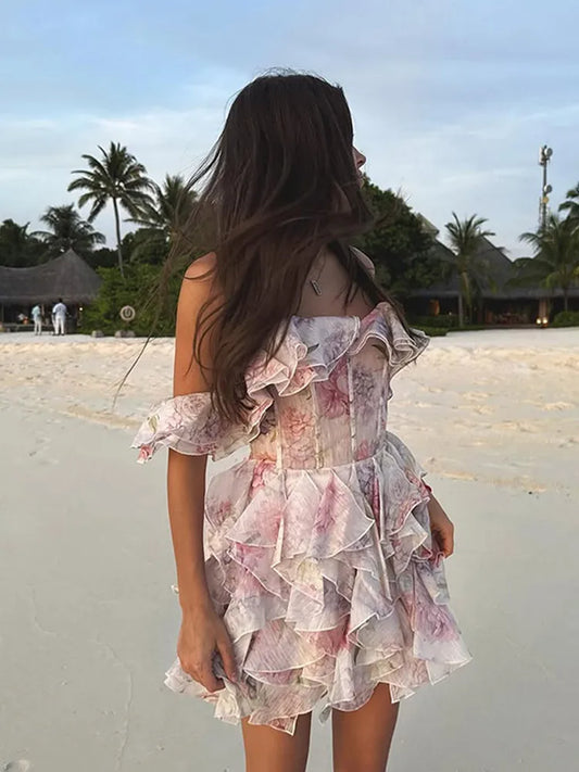 Fashion Flower Printed Ruffles Mini Dress For Women Chic Chiffon Bodycon High Waist Vestidos 2025 Lady Vacation Street Gowns New
