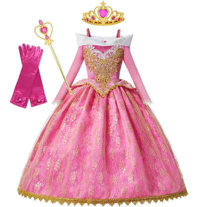 Girls Princess Dress Sleeping Beauty Aurora Cosplay Costume 2025 Kids Carnival Birthday Party Pink  Long Sleeve  Evening Dresses