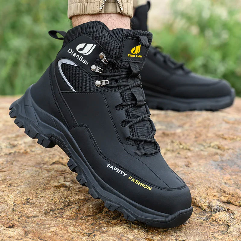 Men Work Boots Puncture-Proof Waterproof Work Shoes Steel Toe Safety Boots Industrial Indestructible Boots Side Leather Shoes