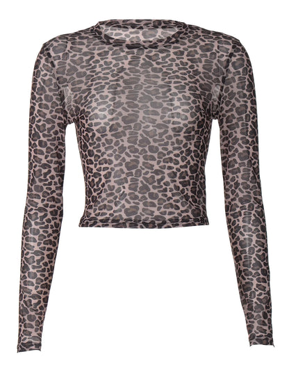 Sexy Long Sleeves Tops Mesh T Shirt Leopard Printed Bodycon Women Clothes Lady Party Club Streetwear Casual Nightout Y2K
