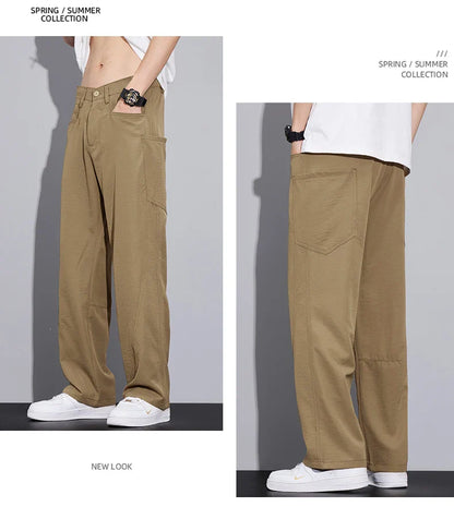 2026 Summer Thin Men's Loose Pants with Large Pockets Work Style Casual Straight Solid Color Male Simple Baggy Pants
