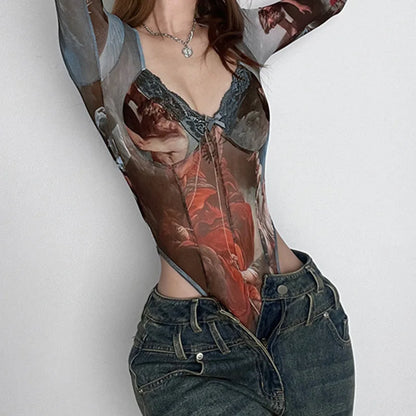 Vintage Print Sexy Bodysuit Lingerie See Through Gauze Lenceria Tranparente Long Sleeve Body Feminino Square Collar Bustier Tops