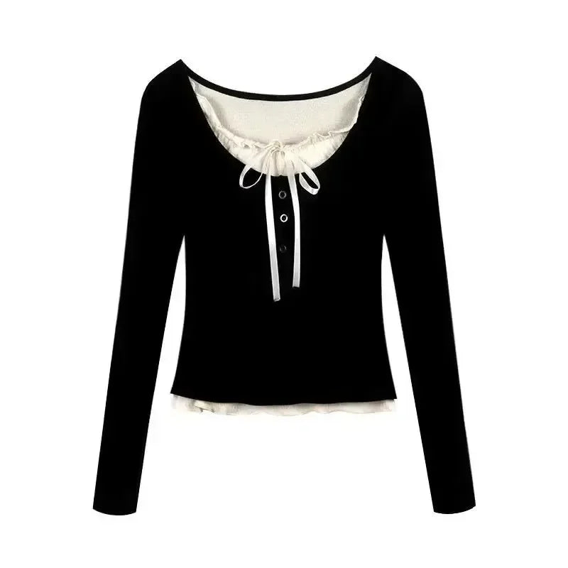 2026 Summer Kawaii Sweet Y2k Crop Tops Woman Casual Slim Long Sleeve Blouse Solid Korean Fashion Bodycon Pullover Office Lady