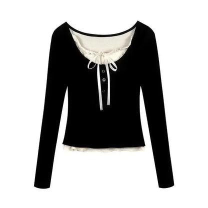 2026 Summer Kawaii Sweet Y2k Crop Tops Woman Casual Slim Long Sleeve Blouse Solid Korean Fashion Bodycon Pullover Office Lady