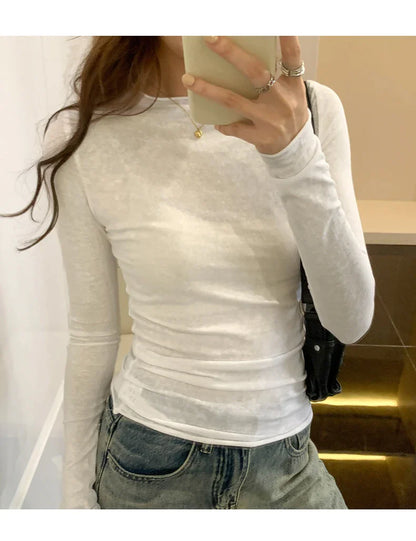 2026 Spring Autumn T shirt Women Tops Solid Slim Fit Long Sleeve O Neck Tshirts Female Casual Streetwear High Quality Base Tees