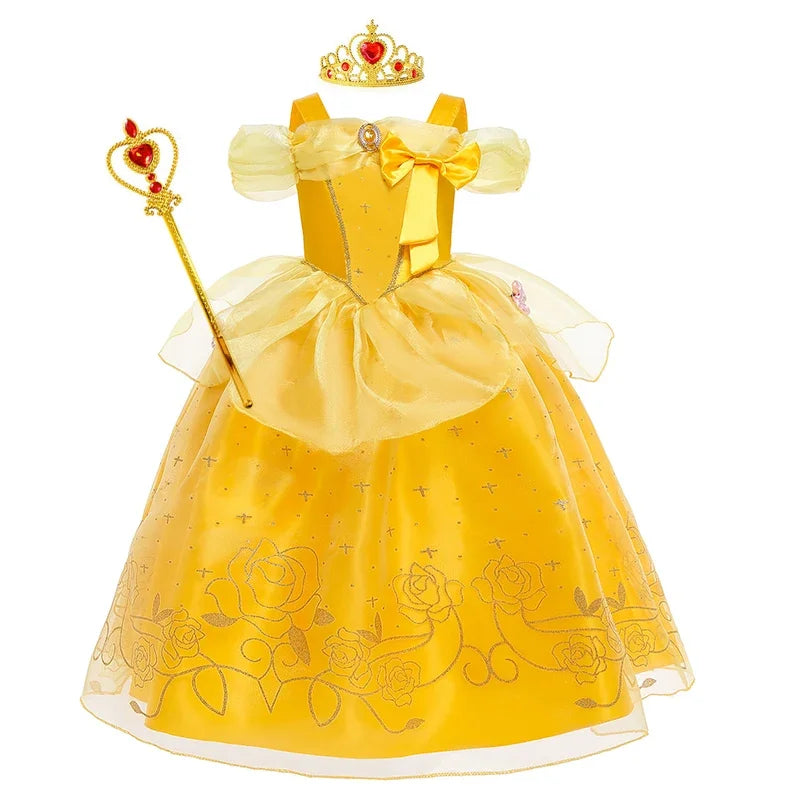 Disney Aniversário Festa Bela Fantasia Infantil Amarelo Malha Vestido de Baile Criança Cosplay Vestido de Festa Luxo para Menina Princesa Bela Noite