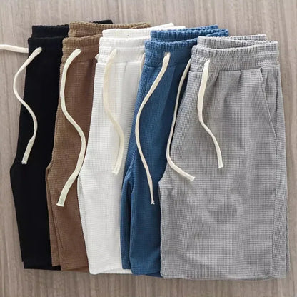 Men Shorts Solid Color Mid Waist Summer Motion Waffle Texture Deep Crotch Drawstring Male Shorts Loose Knee Length Casual Short