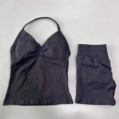 No Logo 2 Pieces Sports Set Workout Clothes Shorts Sets Gym Strappy Top Scrunch Shorts Yoga Clothing Gym Set