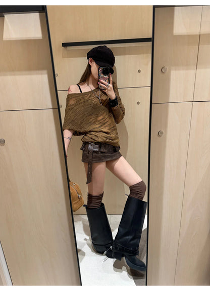 Spring Summer Cool Sexy Vintage Distressed Brown Pu Leather Mini Skirt Women Three-dimensional pockets Belt Streetwear