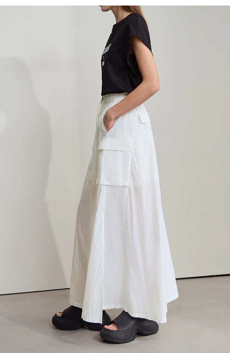 Vacation Long Skirt 2025 Summer Women Loose Sun Protection Office Lady Solid Pockets Elastic Waist Cord Slit Skirt 12542106
