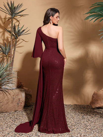 Sequined one-shoulder chiffon patchwork belt-decorated hip dress